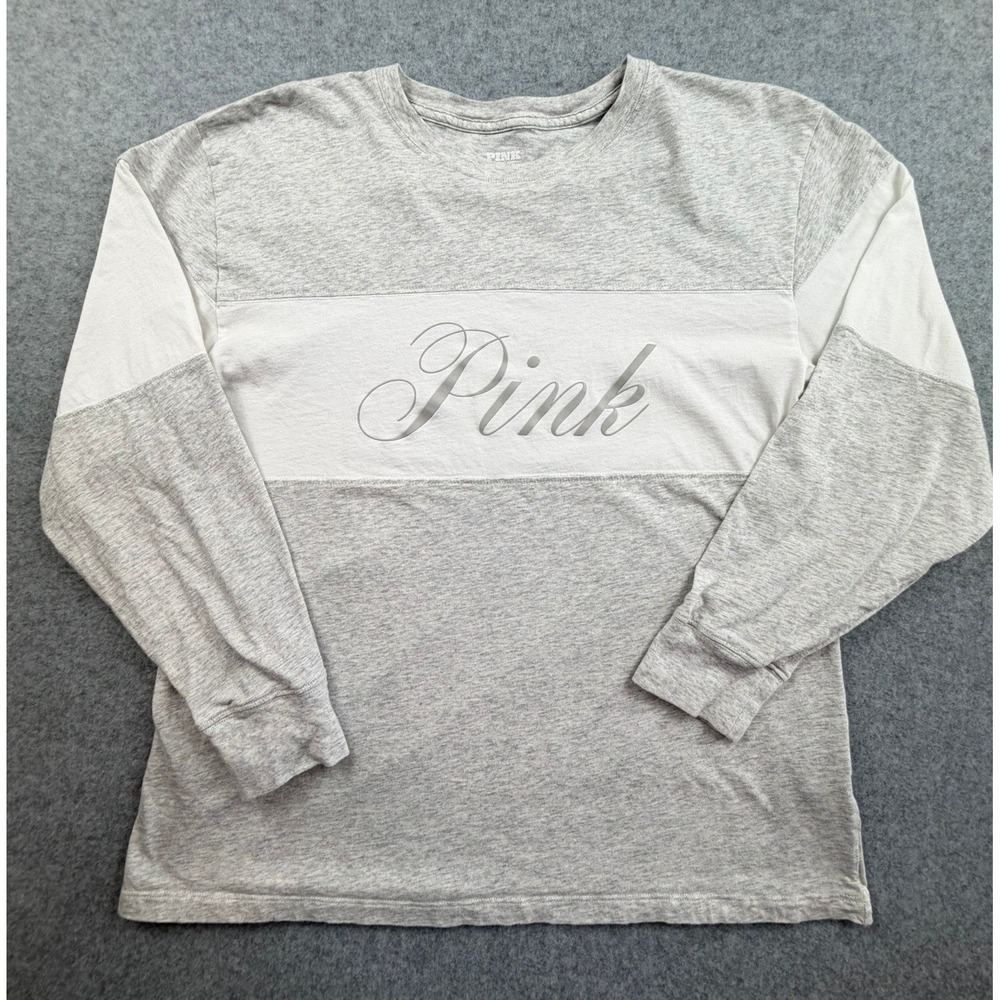 Victoria's Secret PINK Long Sleeve T-Shirt Gray White Colorblock Metallic Logo M